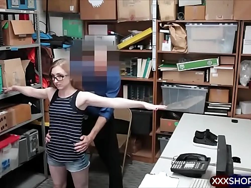 Geek shoplifter damsel gets punished with a huge trunk